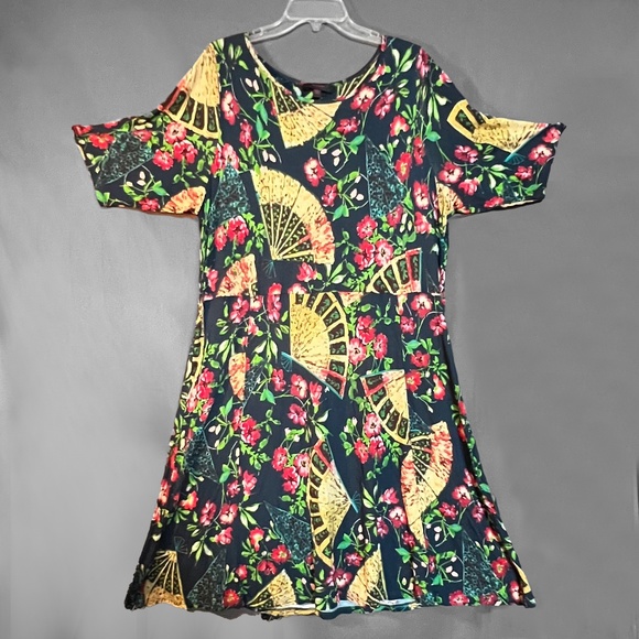 Navy Babydoll Dress with Fan and Floral Pattern - Picture 1 of 2